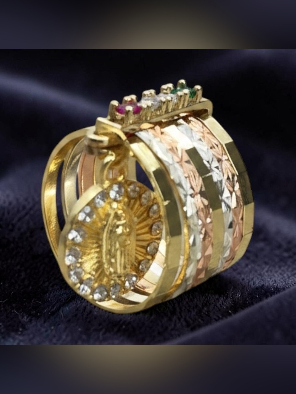 Size 7 Tri-Color Gold Filled 7-Day Ring with Virgin Mary Charm and Multi-Color